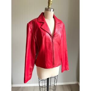 Vintage Cherry Red Leather Jacket 12 Full Zip 90s Y2K Moto Cyber Downtown Girl
